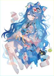 Rule 34 | 1girl, :/, artist name, aura, bad id, bad twitter id, bandaid, bandaid on face, blue bow, blue eyes, blue hair, blue skirt, blush stickers, bow, bowl, bracelet, closed mouth, cup, debt, full body, grey shirt, hair between eyes, hair bow, highres, interlocked fingers, jewelry, long hair, looking at viewer, own hands together, shirt, sidelocks, simple background, skirt, solo, stuffed toy, touhou, umemaro (siona0908), very long hair, wavy hair, white background, wide sleeves, yorigami shion