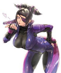 Rule 34 | 1girl, 80yakky, bent over, biker clothes, bikesuit, black hair, blowing kiss, blunt bangs, bodysuit, breasts, eyepatch, han juri, hand on own hip, heart, highres, large breasts, leaning forward, looking at viewer, nail polish, purple eyes, purple nails, solo, street fighter, street fighter v, twitter username, white background