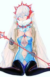 Rule 34 | 1girl, black gloves, black thighhighs, blue eyes, breasts, cleavage, crown, gloves, holding, holding weapon, labombardier!, large breasts, long hair, md5 mismatch, navel, original, pointy ears, silver hair, simple background, sitting, solo, thighhighs, very long hair, wariza, weapon, white background, yellow eyes