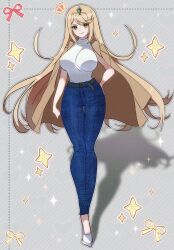 Rule 34 | 1girl, belt, belt buckle, black belt, blonde hair, blue pants, blush, breasts, brown eyes, brown jacket, buckle, closed mouth, commentary request, crown, denim, full body, grey background, headpiece, highres, jacket, jacket on shoulders, jeans, large breasts, long hair, mini crown, mythra (xenoblade), pants, shirt, shoes, smile, solo, sparkle, standing, striped background, very long hair, white footwear, white shirt, xenoblade chronicles (series), xenoblade chronicles 2, zer00han