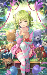 Rule 34 | 1girl, blurry, blush, closed mouth, commentary request, double bun, green eyes, green hair, grin, hair bun, highres, holding, holding stuffed toy, jacket, long sleeves, looking at viewer, matanonki, morinaka kazaki, nijisanji, official art, pink jacket, plaid, plaid skirt, sitting, skirt, smile, solo, striped clothes, striped thighhighs, stuffed animal, stuffed toy, teddy bear, thighhighs, virtual youtuber