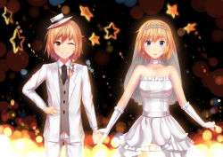 Rule 34 | 2girls, absurdres, alice margatroid, alternate costume, alternate eye color, alternate hairstyle, bad id, bad pixiv id, black necktie, blonde hair, blush, bow, braid, breasts, bridal veil, choker, collarbone, collared shirt, commentary request, dress, du mogu, earrings, elbow gloves, formal, frilled dress, frilled gloves, frills, gloves, grey vest, grin, hair bow, hand on own hip, hat, highres, jacket, jewelry, kirisame marisa, light particles, looking at viewer, medium breasts, mini hat, multiple girls, necktie, night, one eye closed, pants, parted lips, purple eyes, shirt, short hair, single braid, smile, sparkle, star (symbol), strapless, strapless dress, suit, teeth, tiara, touhou, veil, vest, wedding dress, white dress, white gloves, white jacket, white pants, white shirt, white suit, wife and wife, yellow eyes, yuri