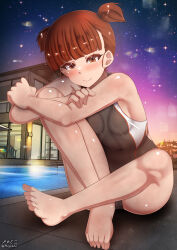 Rule 34 | 1girl, barefoot, blunt bangs, blush, breasts, brown eyes, brown hair, closed mouth, covered erect nipples, girls und panzer, highres, hugging own legs, looking at viewer, megadeko, mikko (girls und panzer), night, night sky, outdoors, sitting, sky, small breasts, smile, solo, star (sky), starry sky, swimsuit, twintails