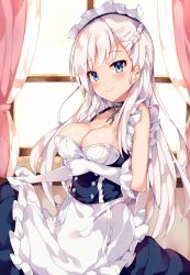 Rule 34 | 1girl, apron, areola slip, azur lane, belfast (azur lane), black dress, blue eyes, blush, braid, breasts, broken, broken chain, chain, cleavage, closed mouth, commentary request, curtains, day, dress, elbow gloves, frilled apron, frills, gloves, head tilt, highres, indoors, large breasts, long hair, looking at viewer, maid, maid headdress, silver hair, skirt hold, sleeveless, sleeveless dress, smile, solo, sunlight, unacchi (nyusankin), very long hair, waist apron, white apron, white gloves, window