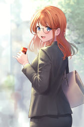 Rule 34 | 1girl, :d, akiyama akane, bag, blue eyes, can, formal, from side, glasses, grey jacket, grey pants, highres, holding, holding can, jacket, long hair, looking at viewer, looking to the side, office lady, open mouth, orange hair, original, pant suit, pants, round eyewear, smile, solo, suit, yukimaru ai