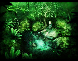 Rule 34 | 1girl, absurdres, branch, bush, dress, forest, grass, green hair, green theme, highres, leaf, nature, original, plant, plant roots, pond, rock, solo, tree, un (le monde-alternatif), water