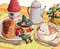 Rule 34 | 2boys, amazou, black eyes, brown footwear, brown hair, closed eyes, commentary request, cup, eating, flower, food, fork, fruit, hat, hat feather, in container, in cup, male focus, moomin, moomintroll, multiple boys, pancake, snufkin, strawberry, syrup, teacup, teapot, teaspoon