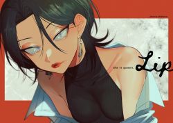 Rule 34 | 1girl, bare shoulders, black hair, collarbone, dotsuco, earrings, english text, eyeshadow, glint, hair between eyes, jewelry, lipstick, makeup, medium hair, original, parted lips, purple eyes, red lips, smeared lipstick, solo, turtleneck, upper body