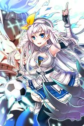 Rule 34 | artist request, ball, black thighhighs, blue eyes, blue skirt, bow, braid, claws, elbow gloves, fingerless gloves, frilled skirt, frills, gloves, hair bow, hairband, highres, jpeg artifacts, long hair, looking at viewer, noa (soccer spirits), non-web source, official art, open mouth, pointing, pointing up, skirt, soccer ball, soccer spirits, solo, standing, thighhighs, transparent background, vambraces, white hair