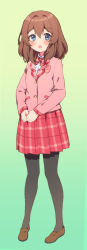 Rule 34 | 1girl, black pantyhose, blue eyes, blush, bow, bowtie, brown footwear, brown hair, full body, gradient background, green background, hair between eyes, hands together, highres, jacket, long sleeves, looking at viewer, medium hair, muimi (princess connect!), open mouth, pantyhose, pink jacket, pleated skirt, princess connect!, prkn yb, red neckwear, red skirt, school uniform, shirt, shoes, skirt, standing, white shirt