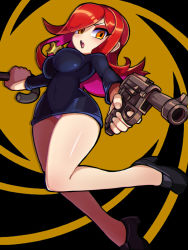 Rule 34 | 1girl, breasts, covered navel, cross, cross necklace, gun, hair over one eye, handgun, highres, holding, holding gun, holding umbrella, holding weapon, imeni-art, jewelry, large breasts, leg up, long hair, looking at viewer, looking down, luger p08, necklace, open mouth, panties, parasoul (skullgirls), pistol, red hair, skirt, skullgirls, solo, sweater, tight clothes, turtleneck, turtleneck sweater, umbrella, underwear, upskirt, weapon, yellow background, yellow eyes