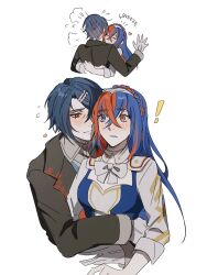 Rule 34 | 1boy, 1girl, alcryst (fire emblem), alear (female) (fire emblem), alear (fire emblem), blue eyes, blue hair, blush, closed mouth, couple, fire emblem, fire emblem engage, gloves, hair between eyes, hair ornament, hairclip, heterochromia, highres, hug, jacket, long hair, long sleeves, multicolored hair, nintendo, oratoza, red eyes, red hair, ribbon, shirt, tiara, two-tone hair, white background, white gloves