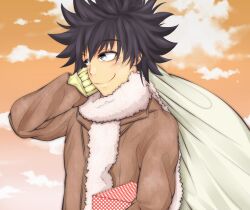 Rule 34 | 1boy, black hair, brown jacket, closed mouth, cloud, cloudy sky, commentary request, grey eyes, hand up, holding, jacket, kamijou touma, light blush, long sleeves, male focus, orange sky, scarf, shin (highest1192), short hair, sky, smile, spiked hair, toaru majutsu no index, upper body, white scarf, winter clothes