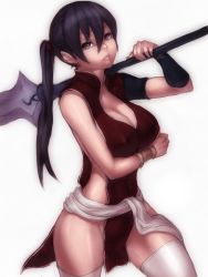 Rule 34 | 1girl, armlet, balsa, bare hips, bare shoulders, black eyes, black hair, breasts, cleavage, covered erect nipples, curvy, fumio (rsqkr), groin, holding, large breasts, lips, long hair, no panties, plump lips, polearm, ponytail, seirei no moribito, side slit, solo, spear, thighhighs, thighs, weapon, white thighhighs, wide hips