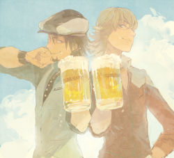 Rule 34 | 10s, 2boys, alcohol, arm up, bad id, bad pixiv id, barnaby brooks jr., beer, black hair, blonde hair, brown eyes, cabbie hat, day, facial hair, glass, glasses, green eyes, hand on own hip, hat, hip focus, kaburagi t. kotetsu, male focus, multiple boys, necktie, pon (cielo), short hair, sky, sleeves rolled up, smile, stubble, tiger &amp; bunny, vest, watch, wristwatch