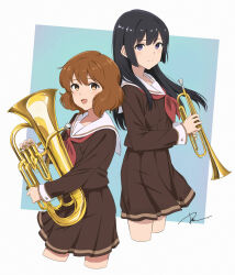 Rule 34 | 2girls, absurdres, black hair, brown hair, brown serafuku, brown skirt, closed mouth, dai (tdaitw), euphonium, fluffy hair, from side, hibike! euphonium, highres, holding, holding instrument, holding trumpet, instrument, kitauji high school uniform, kousaka reina, long hair, long sleeves, looking at viewer, mouthpiece, multiple girls, neckerchief, open mouth, oumae kumiko, purple eyes, red neckerchief, sailor collar, school uniform, serafuku, short hair, sidelocks, signature, simple background, skirt, smile, straight hair, trumpet, white sailor collar, yellow eyes