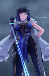 Rule 34 | 1girl, :3, blue dress, blue hair, blunt bangs, bob cut, bodystocking, bodysuit, bracelet, breasts, choker, cleavage, clenched hand, coat, colored tips, diagonal bangs, dress, elbow gloves, eyeshadow, femdom, fur-trimmed coat, fur trim, genshin impact, gloves, gold trim, gradient hair, green eyes, hand on own hip, highres, hip vent, holding, holding string, jacket, jacket on shoulders, jewelry, large breasts, leash, looking at viewer, looking down, makeup, multicolored hair, overcast, pelvic curtain, pink eyeshadow, pov, rain, shirakawafel, sky, smile, solo, stepped on, stepping, string, viewer on leash, watermark, wet, white coat, yelan (genshin impact)