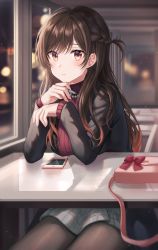 Rule 34 | 1girl, bag, black jacket, black pantyhose, blurry, blurry background, blush, braid, breasts, brown eyes, brown hair, cellphone, closed mouth, commentary request, depth of field, earrings, expressionless, grey skirt, hands up, highres, holding, holding pen, indoors, jacket, jewelry, kanojo okarishimasu, long hair, long sleeves, looking at viewer, medium breasts, mizuhara chizuru, necklace, one side up, pantyhose, pearl necklace, pen, phone, red sweater, ribbed sweater, sitting, skirt, sleeves past wrists, smartphone, solo, stud earrings, sweater, table, tokkyu, window