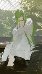 Rule 34 | 1other, androgynous, barefoot, closed mouth, enkidu (fate), expressionless, fate/grand order, fate (series), green eyes, green hair, highres, k00s, light green hair, long hair, long sleeves, looking at viewer, no shoes, pants, robe, sitting, solo, toga, very long hair, white pants, white robe