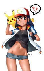 Rule 34 | 1girl, :3, ?, ??, alternate color, animal ears, ash ketchum, backpack, bad id, bad pixiv id, bag, black eyes, black gloves, black hair, black shirt, blue shorts, blush, blush stickers, breasts, brown eyes, collarbone, cowboy shot, creatures (company), denim, embarrassed, female focus, fingerless gloves, game freak, gen 1 pokemon, genderswap, genderswap (mtf), gloves, hands up, hat, highres, jacket, jazz jack, lips, long hair, medium breasts, micro shorts, midriff, navel, nintendo, open mouth, pikachu, poke ball theme, pokemon, pokemon (anime), pokemon (creature), pokemon the movie: the power of us, red hat, shirt, short shorts, short sleeves, shorts, signature, simple background, smile, speech bubble, spoken question mark, standing, stomach, sweat, tail, text focus, thigh gap, thighs, wavy mouth, white background