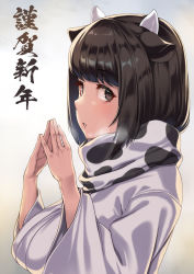 Rule 34 | 1girl, animal ears, animal print, breasts, brown eyes, brown hair, chinese zodiac, cow ears, cow girl, cow horns, cow print, highres, horns, japanese clothes, kimono, medium hair, original, scarf, simple background, solo, steepled fingers, takanashi-a, upper body, white kimono, year of the ox