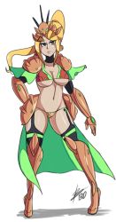Rule 34 | 1girl, adapted costume, armor, bad id, bad tumblr id, bigdead, bikini, black thighhighs, blonde hair, blue eyes, boots, breasts, choker, cleavage, eyebrows, faulds, full body, garter straps, gauntlets, headgear, high heel boots, high heels, highres, large breasts, lips, metroid, micro bikini, mole, mole under mouth, nintendo, pauldrons, ponytail, samus aran, shoulder armor, solo, swimsuit, thick eyebrows, thighhighs, underboob, varia suit