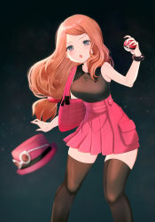 Rule 34 | 1girl, :o, absurdres, bag, blurry, blush, bracelet, breasts, brown thighhighs, collared shirt, commentary request, creatures (company), eyewear on headwear, game freak, handbag, hat, high-waist skirt, highres, holding, holding poke ball, jewelry, long hair, looking at viewer, nasakixoc, nintendo, open mouth, orange hair, pink bag, pink hat, pink skirt, pleated skirt, poke ball, pokemon, pokemon xy, serena (pokemon), shirt, skirt, sleeveless, sleeveless shirt, solo, sunglasses, thighhighs, unworn hat, unworn headwear, white-framed eyewear