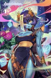 Rule 34 | 1girl, ahoge, alternate color, biceps, blue skin, blush stickers, bracelet, breasts, capcom, china dress, chinese clothes, cleavage, cleavage cutout, clothing cutout, colored skin, dress, female focus, flower, hair between eyes, hair ornament, highres, jewelry, jiangshi, large breasts, lei lei, lipstick, looking at viewer, makeup, monster girl, muscular, muscular female, ofuda, ofuda on head, purple hair, reiq, revealing clothes, ring, short hair, solo, talisman, thighs, undead, vampire (game), yellow eyes