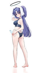 Rule 34 | 1girl, absurdres, ass, barefoot, blue archive, blush, bottle, breasts, full body, halo, highres, large breasts, long hair, looking at viewer, looking back, malon (chuan2700), mechanical halo, purple eyes, purple hair, simple background, solo, standing, swimsuit, towel, water bottle, white background, yuuka (blue archive)