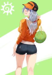 Rule 34 | 1girl, artist request, ass, blue eyes, blush, breasts, denim, denim shorts, feguimel, food, from behind, fruit, hat, highres, hood, jacket, large breasts, long hair, looking at viewer, looking back, low ponytail, melon, original, parted lips, ponytail, shiny skin, short shorts, shorts, sideboob, silver hair, smile, solo