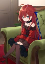 Rule 34 | 1girl, aged down, ahoge, azuuru, bare shoulders, black pantyhose, blue eyes, closed mouth, couch, dress, gem, hair between eyes, hand on own knee, highres, inori no kuni no riviere, jewelry, leg up, long dress, long hair, long sleeves, looking down, novel illustration, off shoulder, official art, on couch, pantyhose, red dress, red footwear, red hair, riviere (inori no kuni no riviere), sad, scrunchie, sitting