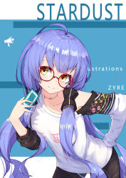 Rule 34 | blue hair, blush, brown eyes, glasses, highres, long hair, shirt, smile, twintails, vocaloid, xingchen