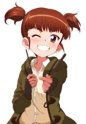 Rule 34 | 1girl, blush, brown eyes, brown hair, collarbone, food, girls und panzer, grin, kayabakoro, looking at viewer, mikko (girls und panzer), one eye closed, pocky, simple background, smile, solo, twintails, upper body, white background