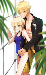 Rule 34 | 1boy, 1girl, ahoge, artoria pendragon (all), artoria pendragon (fate), black jacket, blonde hair, blue one-piece swimsuit, blurry, blurry foreground, breasts, cleavage, collarbone, competition swimsuit, covered navel, fate/stay night, fate (series), gilgamesh (fate), green eyes, hair between eyes, highres, holding another&#039;s wrist, jacket, long hair, nayu tundora, official alternate costume, one-piece swimsuit, open clothes, open jacket, open mouth, ponytail, saber (fate), saber (summer battle clothes) (fate), shorts, sidelocks, small breasts, standing, swimsuit, yellow shorts