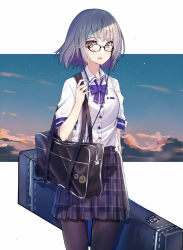 Rule 34 | 1girl, bag, bow, bowtie, case, check commentary, cloud, commentary, commentary request, earphones, echj, girls&#039; frontline, glasses, highres, looking at viewer, pantyhose, pleated skirt, scenery, school bag, school uniform, skirt, sky, solo, star (sky), starry sky, uniform, vector (girls&#039; frontline)
