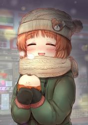 Rule 34 | 1girl, absurdres, black mittens, blurry, blurry background, blush, bobblehat, boko (girls und panzer), breath, brown hair, brown headwear, brown scarf, coat, commentary, depth of field, emilio (tetsukazu no ao), facing viewer, fringe trim, girls und panzer, green coat, highres, long sleeves, mittens, nishizumi miho, open mouth, outdoors, scarf, short hair, smile, solo, standing, upper body, winter clothes, winter coat