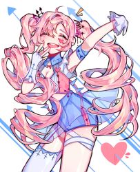 Rule 34 | 1girl, bandages, blush, bow, breasts, crop top, elsword, closed eyes, gloves, heart, jewelry, laby (elsword), long hair, pale skin, pink hair, pogorabbit, ribbon, ring, short shorts, shorts, smile, thighhighs, thighs, twintails, very long hair
