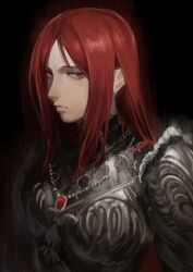 Rule 34 | 1girl, absurdres, armor, black background, commentary, elden ring, english commentary, expressionless, hair down, hanneli (hanny), hanny (uirusu chan), highres, jewelry, looking at viewer, parted bangs, pauldrons, red eyes, red hair, shoulder armor, sideways glance, simple background, solo, tarnished (elden ring), upper body
