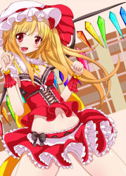 Rule 34 | 1girl, adapted costume, blush, bow, corsage, corset, fang, female focus, flandre scarlet, haru ion, hat, hat bow, looking at viewer, midriff, navel, open mouth, red eyes, shirt, skirt, skirt set, smile, solo, touhou, wings, wrist cuffs