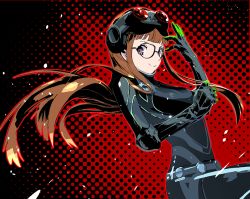 Rule 34 | black-framed eyewear, black background, bodysuit, cofffee, cropped legs, from side, glasses, goggles, goggles on head, long hair, looking at viewer, multicolored background, orange hair, persona, persona 5, red background, sakura futaba, smile, standing