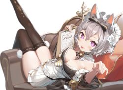 Rule 34 | 1girl, animal ears, bell, black bow, black sleeves, black thighhighs, bow, bow hairband, breasts, cat (masterwork apocalypse), cat ears, cat girl, cleavage, collar, commentary, couch, detached collar, detached sleeves, dress, flower, flower (symbol), frilled sleeves, frills, grey hair, hair between eyes, hair flower, hair ornament, hairband, highres, holding, holding menu, jingle bell, large breasts, leg up, looking at viewer, lying, maid, maid headdress, masterwork apocalypse, menu, neck bell, on back, purple eyes, short hair, simple background, solo, symbol-shaped pupils, thighhighs, thighs, tongue, tongue out, white background, white collar, white dress, white flower, yu-ri (arium047)