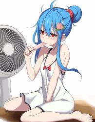 Rule 34 | 1girl, alternate costume, alternate hairstyle, bare shoulders, between legs, blue hair, breasts, cleavage, cooler, dress, food, food-themed hair ornament, full body, hair bun, hair ornament, hand between legs, highres, hinanawi tenshi, holding, holding food, long hair, looking at viewer, messy hair, peach hair ornament, popsicle, red eyes, single hair bun, sitting, solo, sweat, tongue, tongue out, touhou, wariza, white dress, yoshinatsu