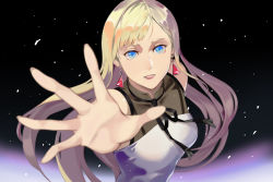 Rule 34 | 1girl, absurdres, black background, black ribbon, blonde hair, blue eyes, blurry, blurry foreground, earrings, floating hair, gigi andalusia, gundam, gundam hathaway&#039;s flash, highres, jewelry, long hair, looking at viewer, neck ribbon, outstretched arm, outstretched hand, reaching, reaching towards viewer, ribbon, rine1006, solo, straight hair, swept bangs, triangle earrings, upper body, very long hair