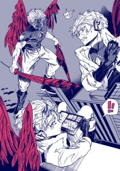 Rule 34 | !, 1boy, abs, absurdres, angry, belt, body markings, bodysuit, bodysuit under clothes, boku no hero academia, boots, broken eyewear, chibi, chibi inset, cityscape, clenched teeth, collage, collage background, costume, eating, endeavor (boku no hero academia), eyewear on head, feathered wings, feathers, food, food on face, fur-trimmed jacket, fur trim, gloves, hawks (boku no hero academia), headphones, highres, jacket, male focus, monochrome, on roof, pectorals, red feathers, rimless eyewear, serious, short hair, short sleeves, sigma778, sitting on roof, skin tight, solo, splatter, spoken exclamation mark, spot color, sweatdrop, sword, teeth, toned, toned male, unconventional weapon, weapon, wings