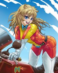 Rule 34 | 1970s (style), 1girl, belt, blonde hair, blue eyes, bodysuit, boots, day, gloves, grendizer, happy, maria grace fleed, mazinger (series), motor vehicle, motorcycle, multicolored clothes, oldschool, pilot suit, pipipi, retro artstyle, sky, smile, solo, teeth, thigh boots, thighhighs, toei animation, ufo robo grendizer, vehicle