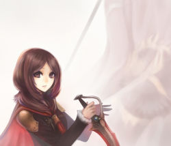 Rule 34 | black jacket, brown eyes, brown hair, cape, final fantasy, final fantasy type-0, flag, highres, holding, holding sword, holding weapon, jacket, long sleeves, looking at viewer, medium hair, mins (minevi), parted bangs, parted lips, red cape, solo, sword, tokimiya rem, upper body, weapon