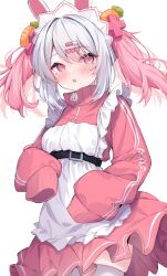 Rule 34 | 1girl, :o, animal ears, apron, belt, black belt, commission, eip (pepai), food-themed hair ornament, frilled apron, frills, grey hair, hair ornament, hairclip, highres, jersey, jersey maid, looking at viewer, maid, maid headdress, original, oversized clothes, pink eyes, pleated skirt, rabbit ears, red skirt, simple background, skeb commission, skirt, sleeves past fingers, sleeves past wrists, solo, thighhighs, twintails, unconventional maid, very long sleeves, white apron, white background, white thighhighs