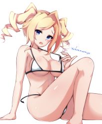 Rule 34 | 1girl, absurdres, bikini, blonde hair, blue eyes, breasts, cleavage, commentary request, cowboy shot, drill hair, highres, honma (honmatomohiro), honolulu (kancolle), invisible chair, kantai collection, large breasts, long hair, looking at viewer, one-hour drawing challenge, simple background, sitting, solo, swimsuit, twin drills, twintails, twitter username, untied bikini, white background, white bikini