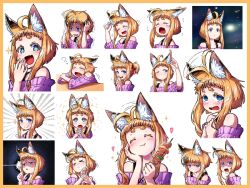 Rule 34 | + +, 1girl, :d, ^ ^, afterimage, ahoge, ahoge wag, animal ear fluff, bare shoulders, blonde hair, blue eyes, blush, closed eyes, closed mouth, collarbone, colored eyelashes, commentary request, expressive hair, fang, flying sweatdrops, food, fox girl, holding, holding food, jaco, long hair, multiple views, off-shoulder sweater, off shoulder, open mouth, original, purple sweater, short eyebrows, skewer, smile, space, sweater, tears, thick eyebrows, white background