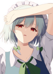 Rule 34 | 1girl, arm up, bow, braid, collarbone, green bow, grey hair, highres, izayoi sakuya, kamachi (kamati0maru), looking at viewer, maid, maid headdress, open mouth, red eyes, short hair, short sleeves, side braids, simple background, solo, touhou, twin braids, upper body, white background